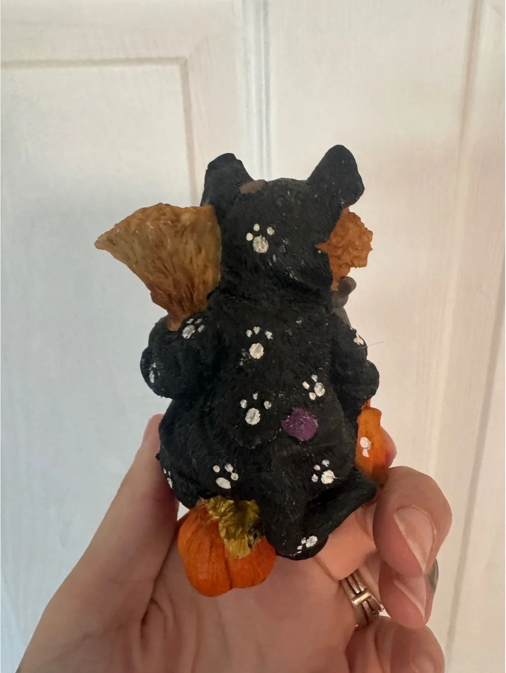 Hand-Painted Bear Figurine in Halloween Costume with Pumpkin and Broom